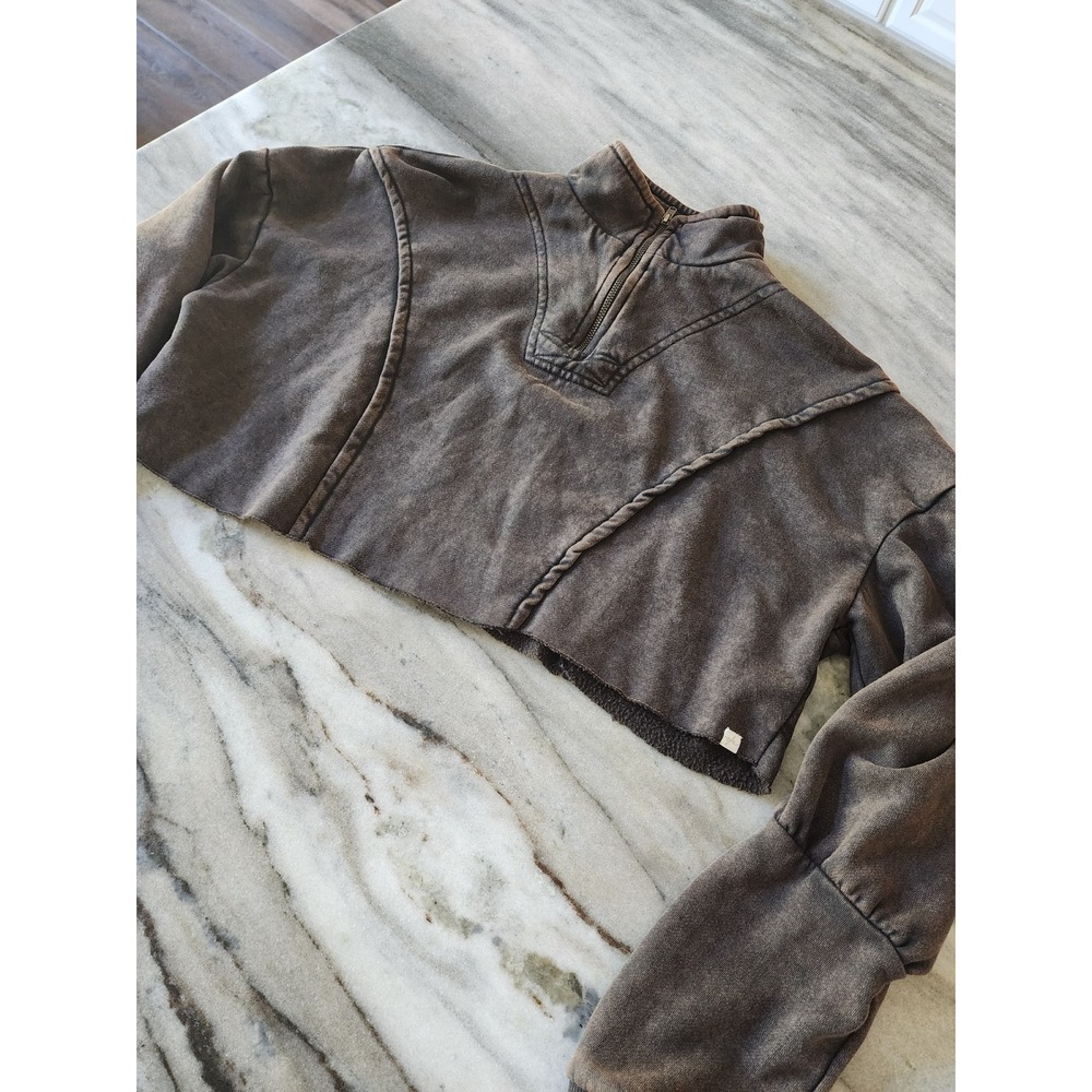 Out From Under Urban Outfitters Brown Mineral Wash Cropped Quarter Zip Pullover - Picture 3 of 8